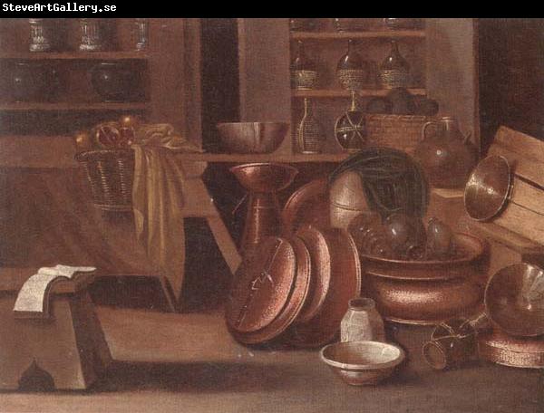 unknow artist A Kitchen still life of utensils and fruit in a basket,shelves with wine caskets beyond